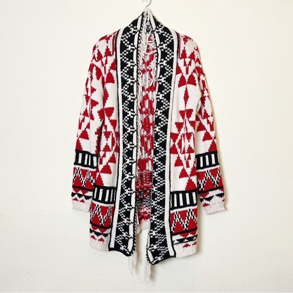 Bethany Mota Open Front Aztec Pattern Fringe Shawl Knit Cardigan, Size Medium